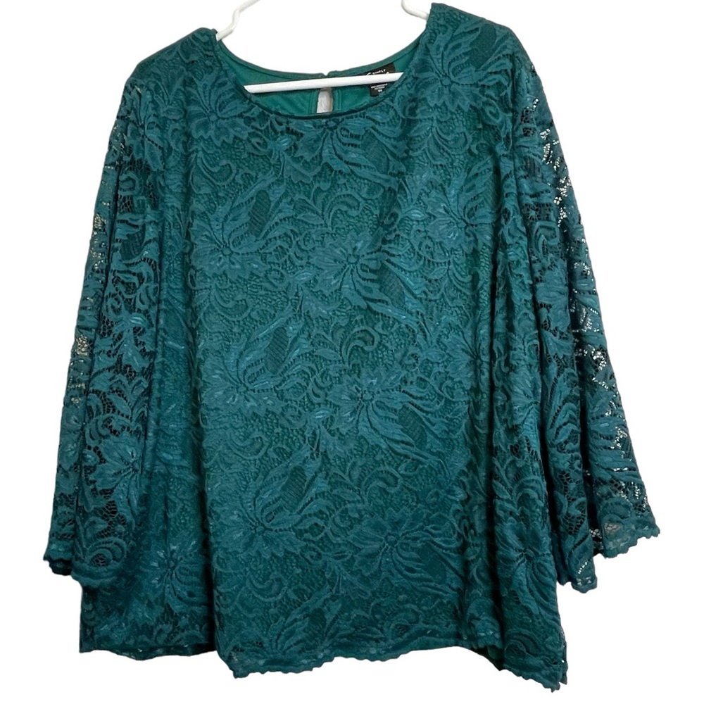 Simply Emma Green Floral Lace Blouse Size 3X Lined Keyhole Back Closure